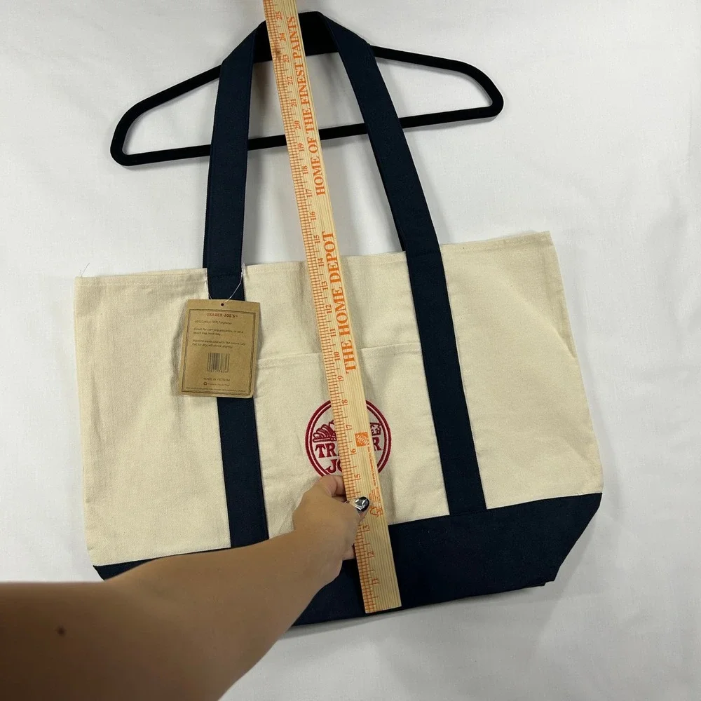 Trader Joe's Canvas Reusable Tote Bag – Cream & Navy Blue Embroidered Logo
